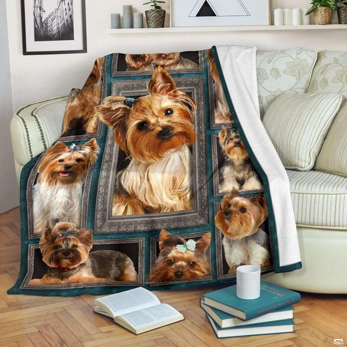 Yorkshire Terrier framed gallery wall dog blanket draped over sofa
