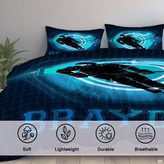 Folded corner view showing neon cyan and midnight navy flame pattern on athletic bedding