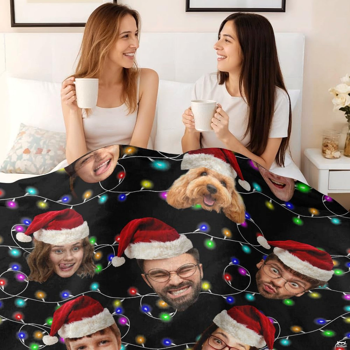 Holiday family pet photo print styled on an armchair near a decorated Christmas tree
