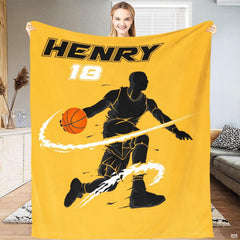 Woman holding open basketball dribble speed yellow throw blanket in sunny room