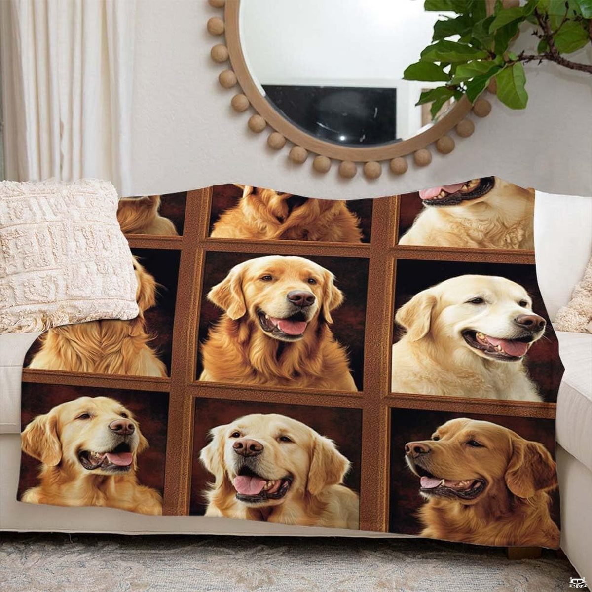 Stylishly styled bedroom featuring golden retriever bedding as a thematic accent artistic gallery focal point.