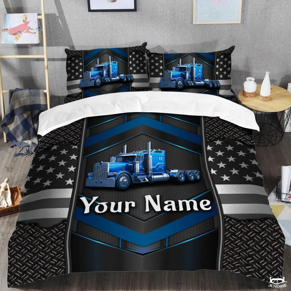 Custom Trucking Semi Truck Centered on Chevron Background Comforter