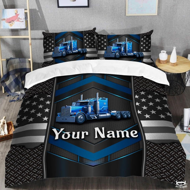 Custom Trucking Semi Truck Centered on Chevron Background Comforter