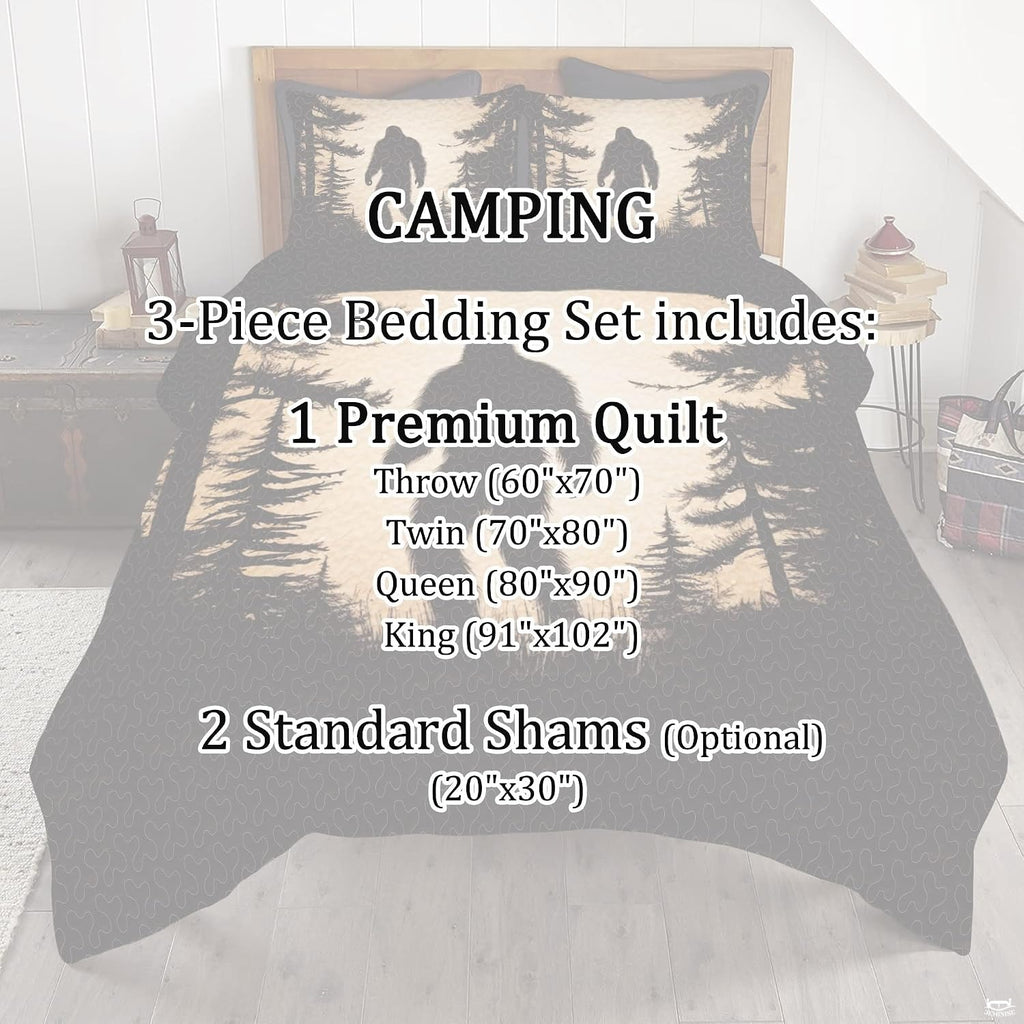 Full bedroom display of golden wheat Bigfoot bedding styled with outdoor cabin room decor accents