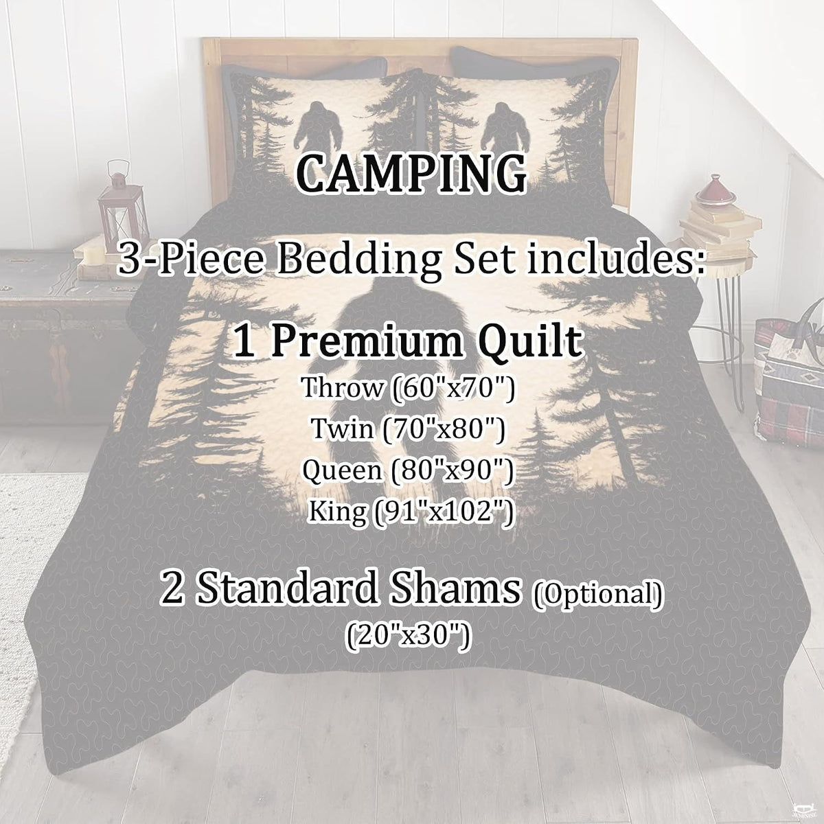 Full bedroom display of golden wheat Bigfoot bedding styled with outdoor cabin room decor accents