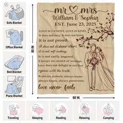 Fine line art illustration of bride in flowing veil with floral bouquet and groom under blossoming tree boughs