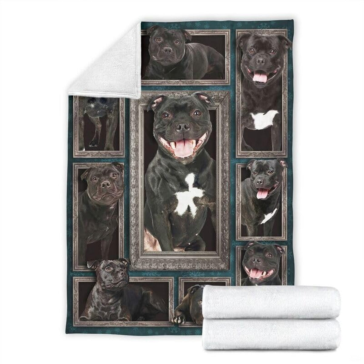 Folded corner and rolled layout of the Staffordshire Bull Terrier blanket showing the white reverse side.
