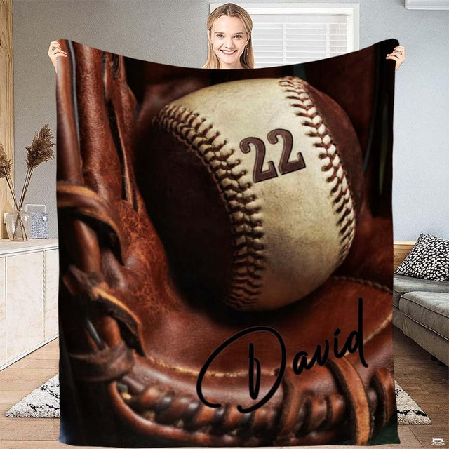 Vintage baseball throw blanket view 2 highlighting fielding mitt details, baseball shading, and sports room styling