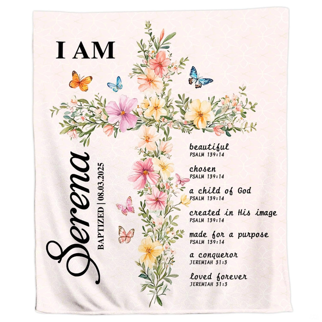 Watercolor floral cross artwork surrounded by colorful butterflies on a pale blush patterned background
