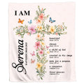 Watercolor floral cross artwork surrounded by colorful butterflies on a pale blush patterned background