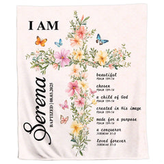 Watercolor floral cross artwork surrounded by colorful butterflies on a pale blush patterned background
