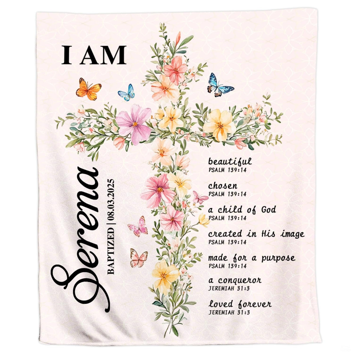Watercolor floral cross artwork surrounded by colorful butterflies on a pale blush patterned background