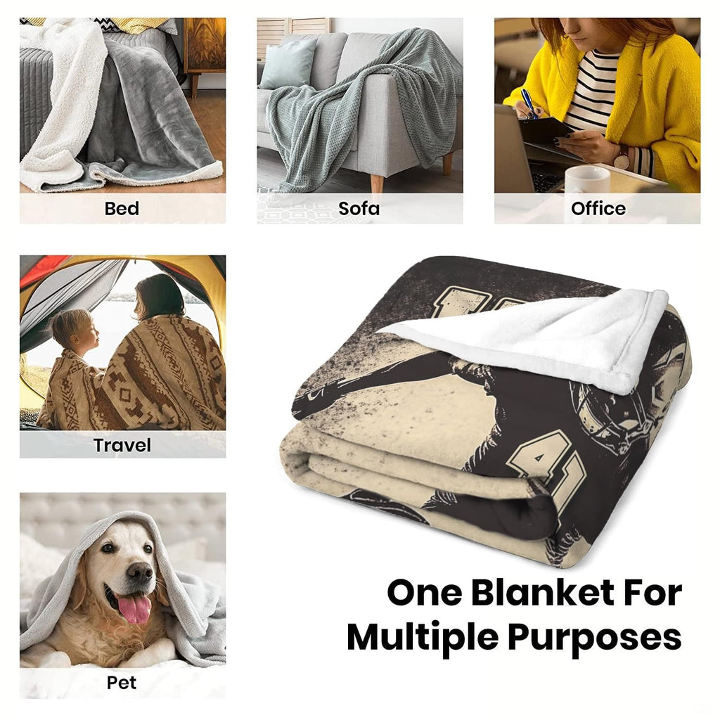 Multi-setting display showing throw blanket usage across bed, sofa, office, travel, and pet environments.