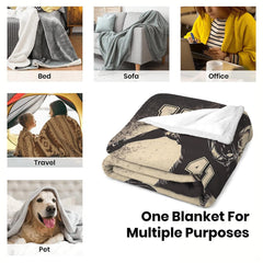 Multi-setting display showing throw blanket usage across bed, sofa, office, travel, and pet environments.