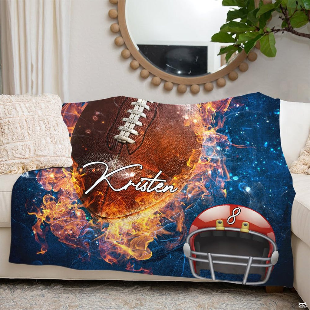 Size comparison diagram showcasing four dimensions for the fire football throw blanket