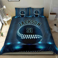 Teal and navy baseball diamond athletic sports bedding set displayed on a bed in a modern room