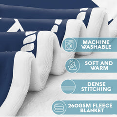 Flat display of nautical compass rose navy stripe throw blanket showing full graphic presentation