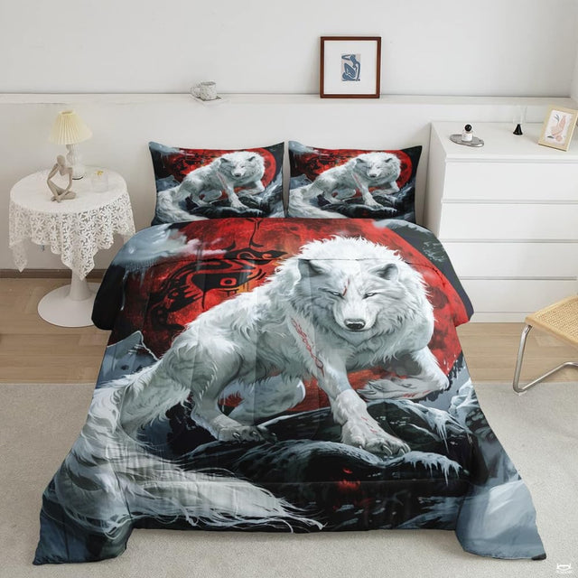 Red moon wolf comforter mockup with white wolf crouched on dark rocks