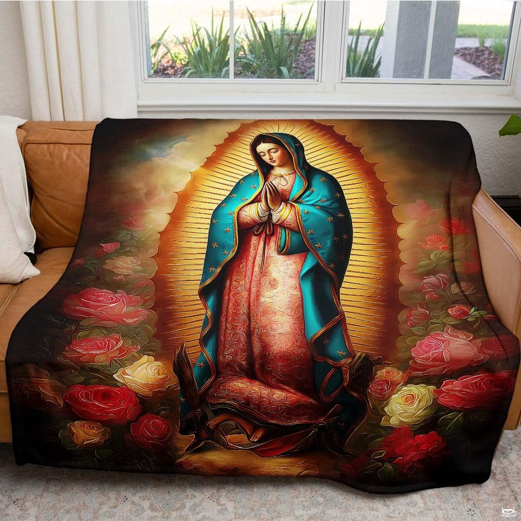 Devotional religious textile styled draped across a leather armchair in a bright living room.