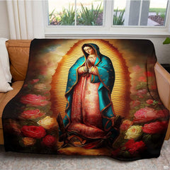 Devotional religious textile styled draped across a leather armchair in a bright living room.