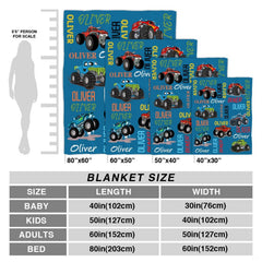 Detailed view of red horned monster truck and mud splatter illustration on kids throw blanket