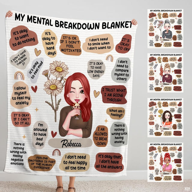 Affirmation bed sheets showcasing a winking girl with red hair, ice cream dessert, and daisies.