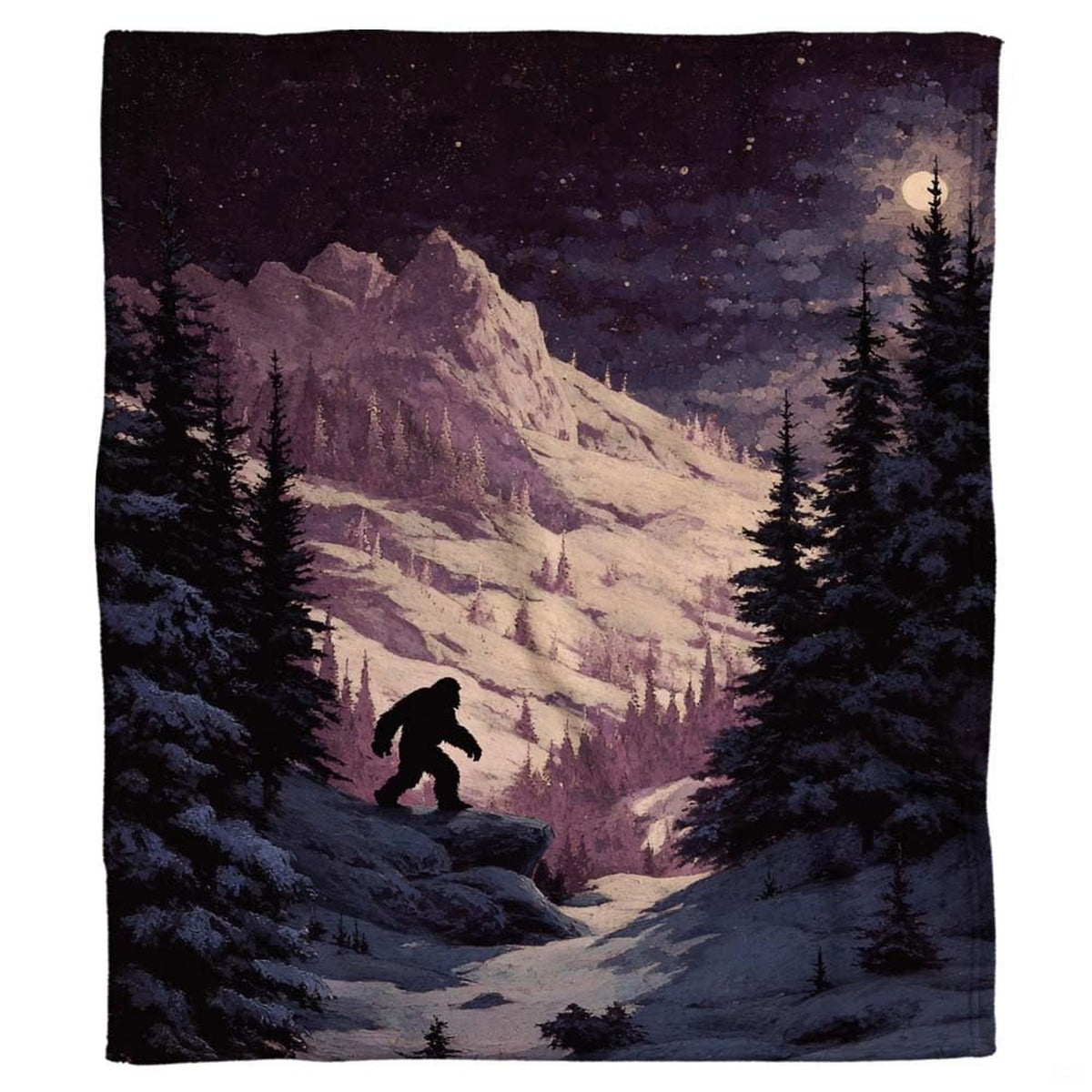 Woodland mountain design with Bigfoot silhouette on starry night bedding set