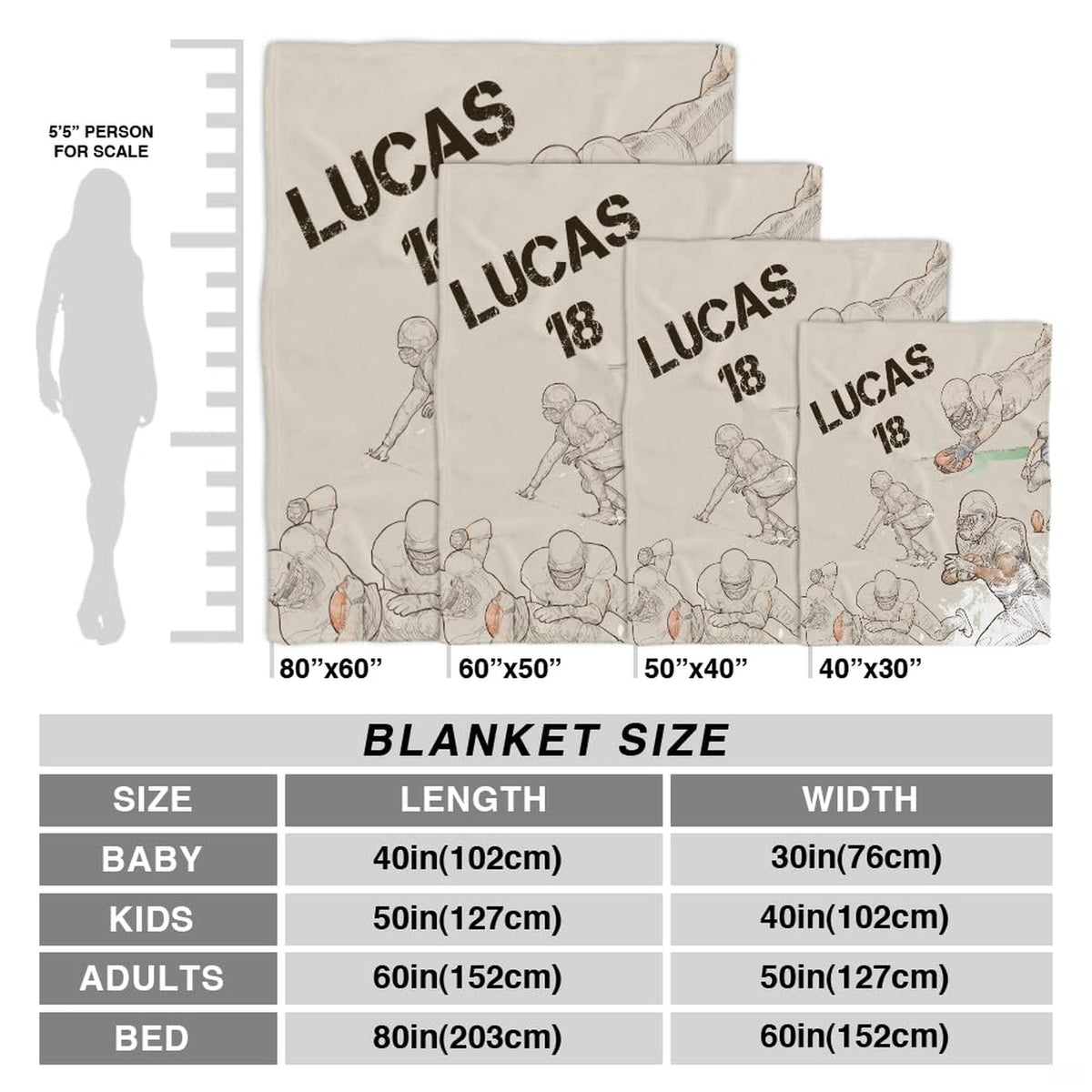 Size comparison diagram showcasing four dimensions for the football sketch throw blanket