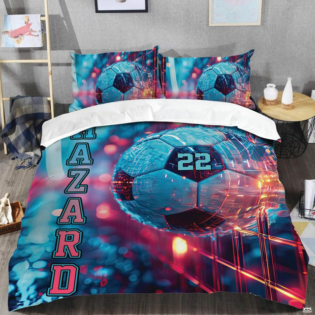 Futuristic soccer cyberpunk 2077 bed set visual with cyan streaks, magenta illumination, and dark navy backdrop.