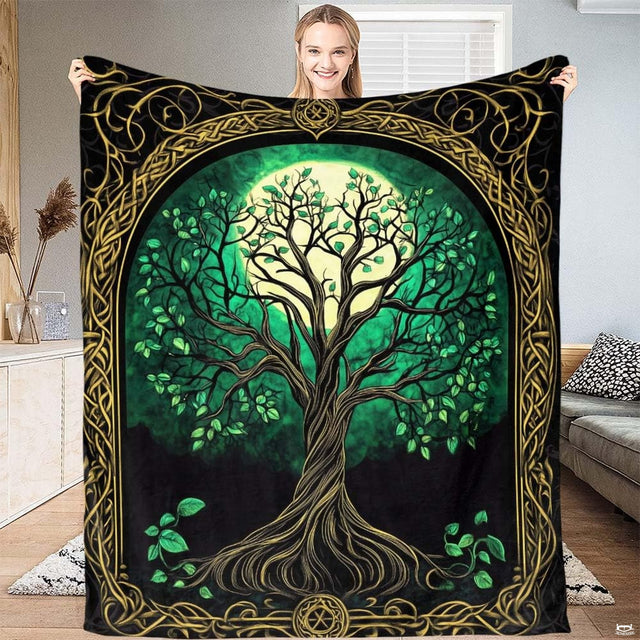 Celtic Tree of Life gothic arch throw blanket displaying emerald leaves and golden knotwork border