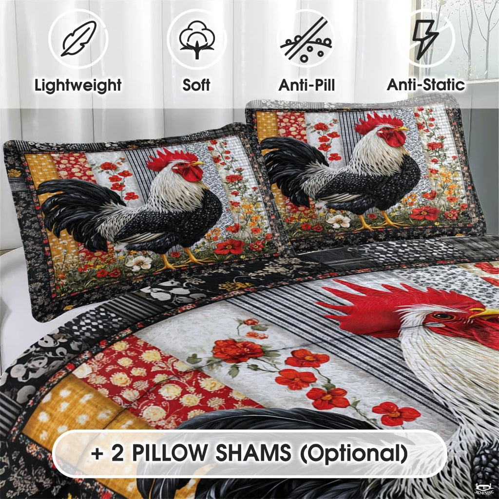 Rooster Patchwork Pattern Quilt Set, Animal Bedding - Chicken Farmhouse Quilt Set Bedspread, Premium Pattern Quilt Bedspread, Rooster Bedding