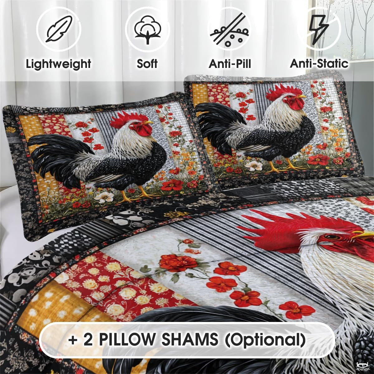 Rooster Patchwork Pattern Quilt Set, Animal Bedding - Chicken Farmhouse Quilt Set Bedspread, Premium Pattern Quilt Bedspread, Rooster Bedding