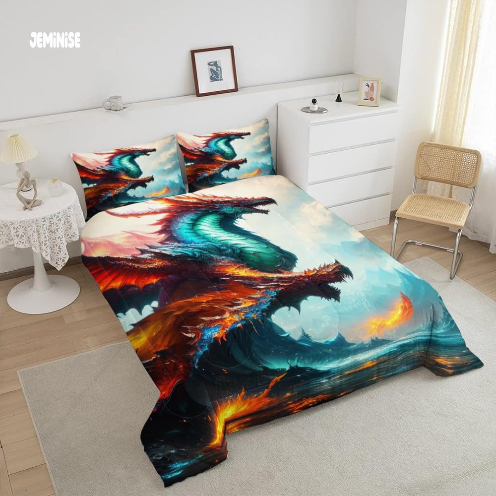 Jeminise Dragon on Cliff Comforter Set, Fantasy Bedding