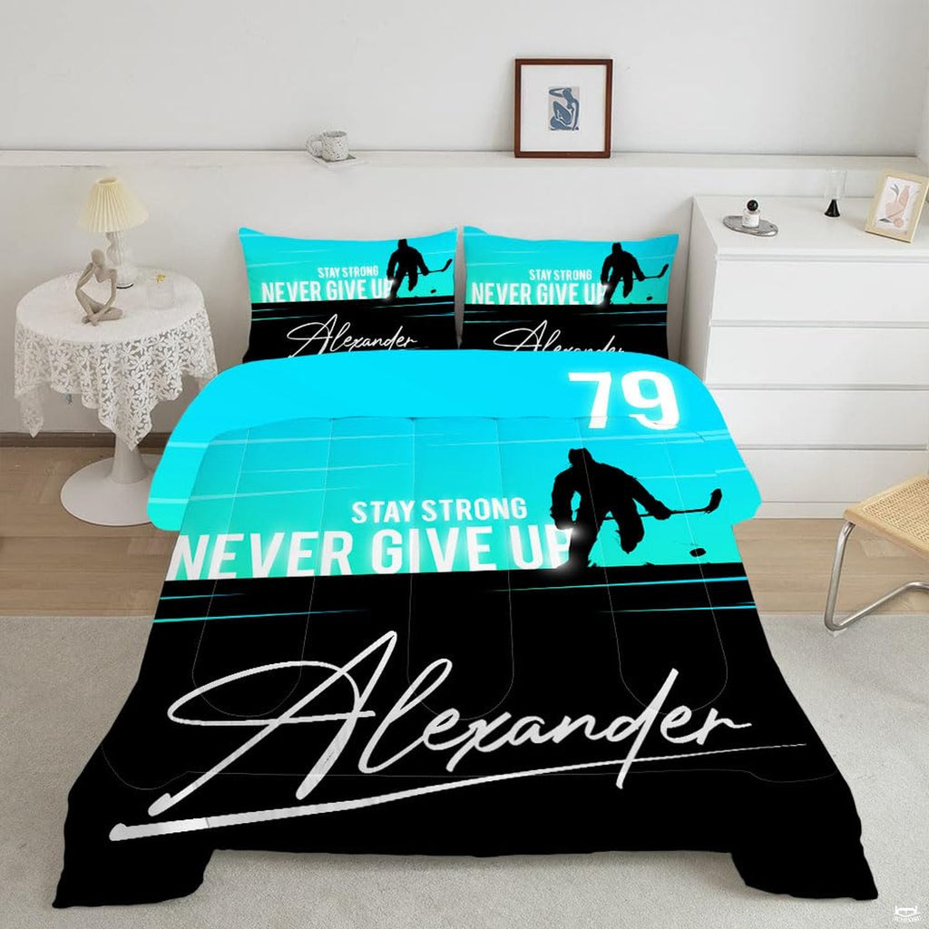 Ice hockey bedding showcasing player silhouette, cyan rink markings, and black graphic artwork in modern bedroom.