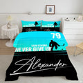 Ice hockey bedding showcasing player silhouette, cyan rink markings, and black graphic artwork in modern bedroom.