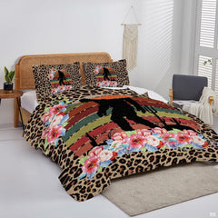 Overhead view of wild cheetah Bigfoot bedding arranged neatly across a decorative bedroom mattress