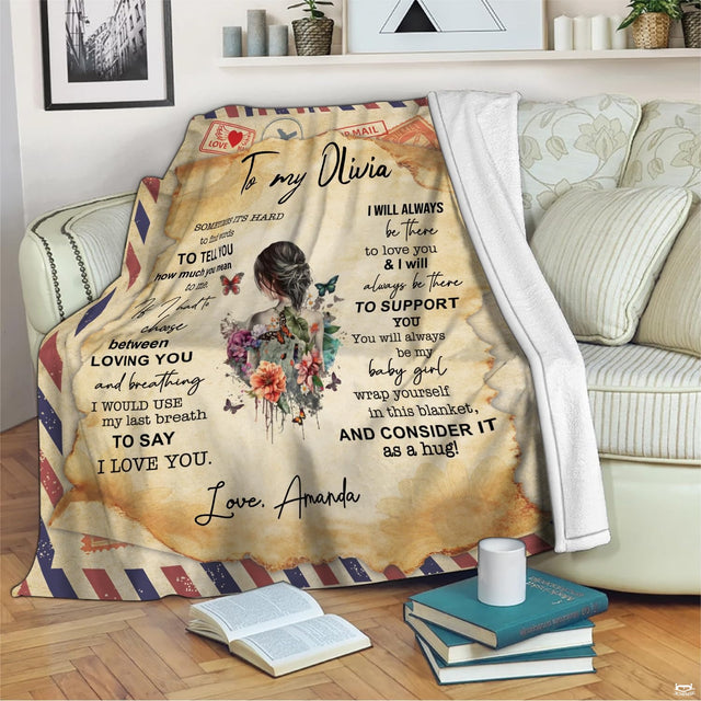 Daughter love letter throw blanket view 2 highlighting airmail postage borders, watercolor flowers, and butterflies