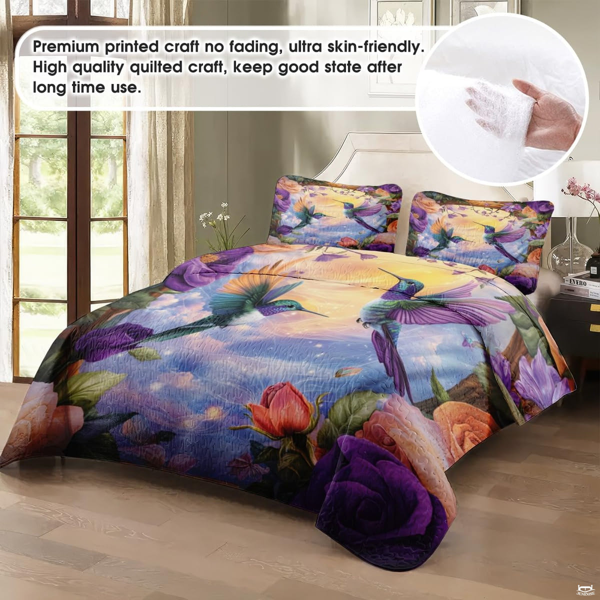 Staged bed showing two hummingbirds facing within a floral frame