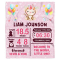 Baby monkey milestone blanket featuring cute monkey in floral crown with balloons and birth stats on pink.