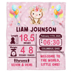 Baby monkey milestone blanket featuring cute monkey in floral crown with balloons and birth stats on pink.