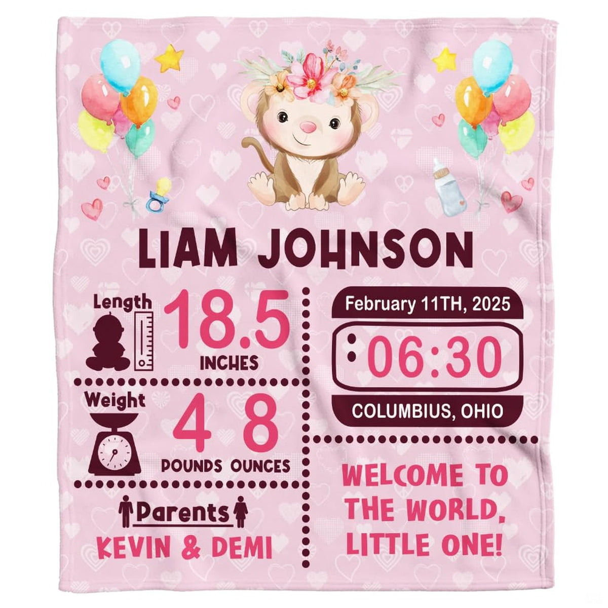 Baby monkey milestone blanket featuring cute monkey in floral crown with balloons and birth stats on pink.