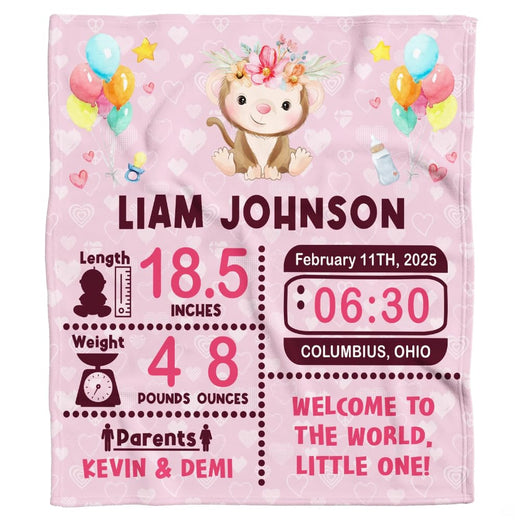 Baby monkey milestone blanket featuring cute monkey in floral crown with balloons and birth stats on pink.