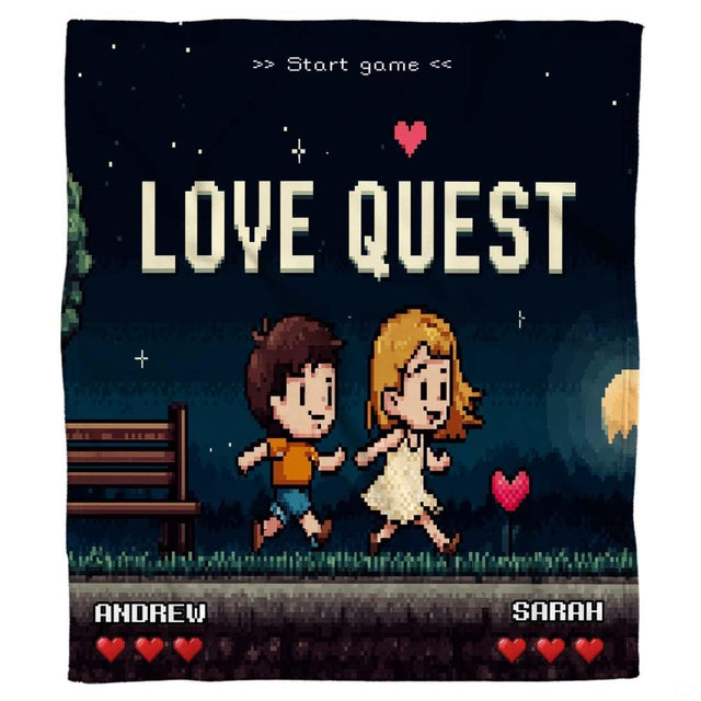 Close-up of pixelated arcade health bar hearts on a navy blue gamer couple bedroom bedding set.