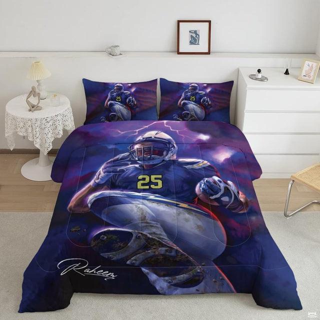 Lightning storm football bedding featuring a leaping player with athletic cleats against purple storm clouds