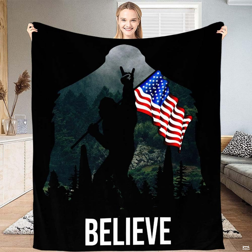 Bigfoot American flag bedding set with Sasquatch silhouette making rock gesture in misty pine mountain forest decor.