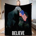 Bigfoot American flag bedding set with Sasquatch silhouette making rock gesture in misty pine mountain forest decor.