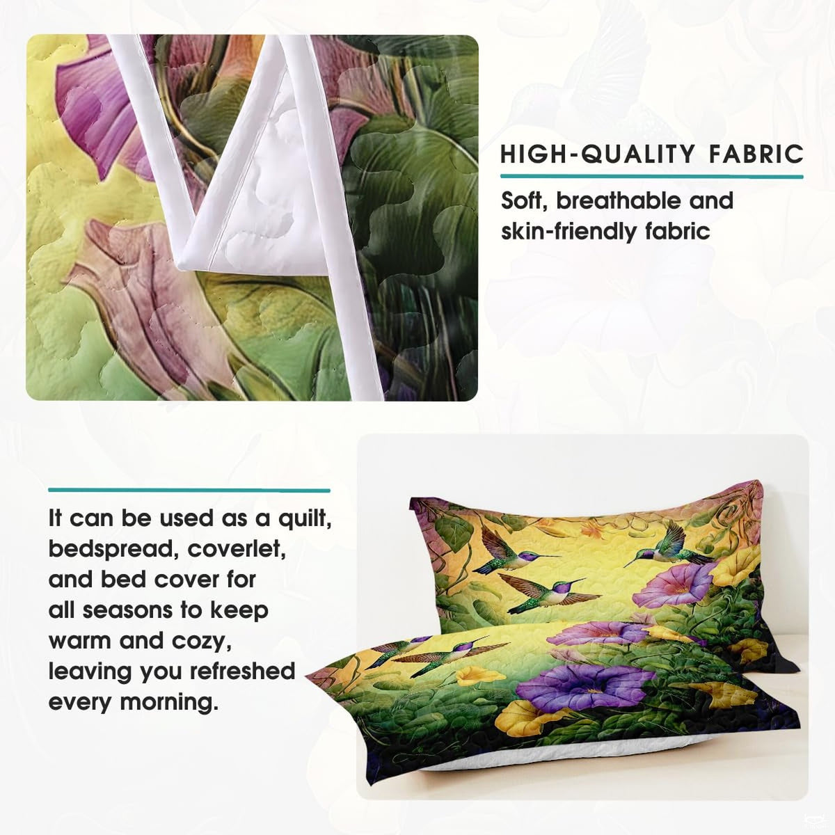 Hummingbird floral bedding detail infographic