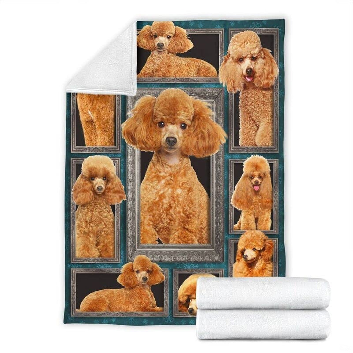 Close view of folded edge finish on apricot Poodle dog blanket