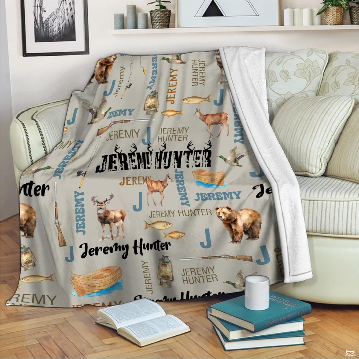 Outdoor wildlife throw blanket with brown bears and whitetail deer draped on a cabin chair