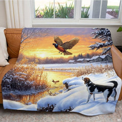 Detailed view of flying ring-necked pheasant artwork over frozen stream on winter themed bedding.